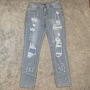 SHEILAY  Light Wash Denim Blue Jeans Straight Stretch Distressed Paint XL‎ 32